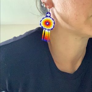 Handmade huichol beaded earrings and rings